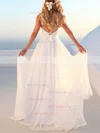 A-line V-neck Lace Sweep Train Appliques Lace Wedding Dresses #Milly00023478