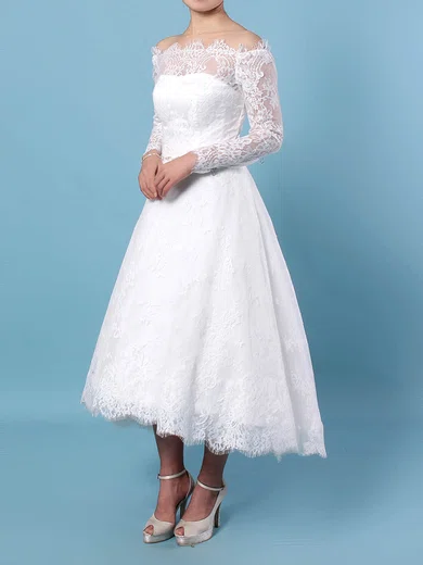 Ball Gown/Princess Off-the-shoulder Lace Tea-length Wedding Dresses With Beading #Milly00023273