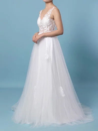 Ball Gown/Princess V-neck Tulle Floor-length Wedding Dresses With Appliques Lace #Milly00023352
