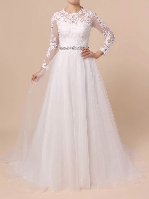 Ball Gown Illusion Tulle Sweep Train Wedding Dresses With Appliques Lace #Milly00023354