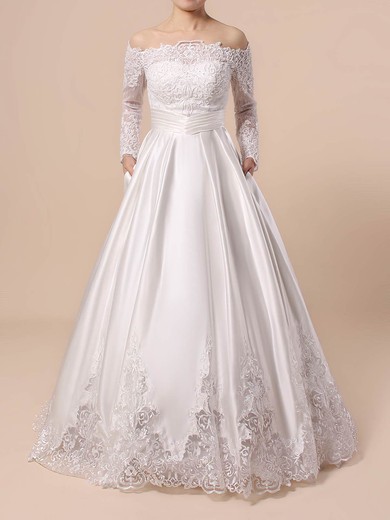 Ball Gown Off-the-shoulder Satin Floor-length Wedding Dresses With Pockets #Milly00023376