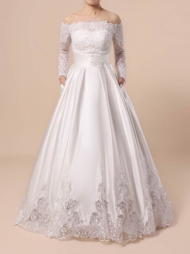 Ball Gown Off-the-shoulder Lace Satin Floor-length Beading Wedding Dresses #Milly00023376