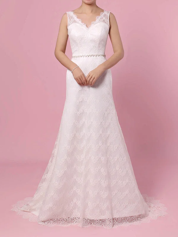 Trumpet/Mermaid V-neck Lace Sweep Train Wedding Dresses With Sashes / Ribbons #Milly00023378