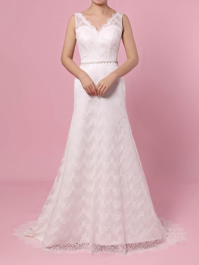 Trumpet/Mermaid V-neck Lace Sweep Train Wedding Dresses With Sashes / Ribbons #Milly00023378
