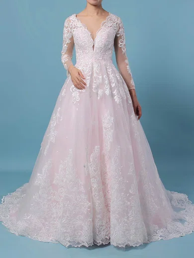 Ball Gown/Princess V-neck Tulle Sweep Train Wedding Dresses With Appliques Lace #Milly00023379