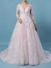 Ball Gown V-neck Tulle Sweep Train Wedding Dresses With Appliques Lace #Milly00023379