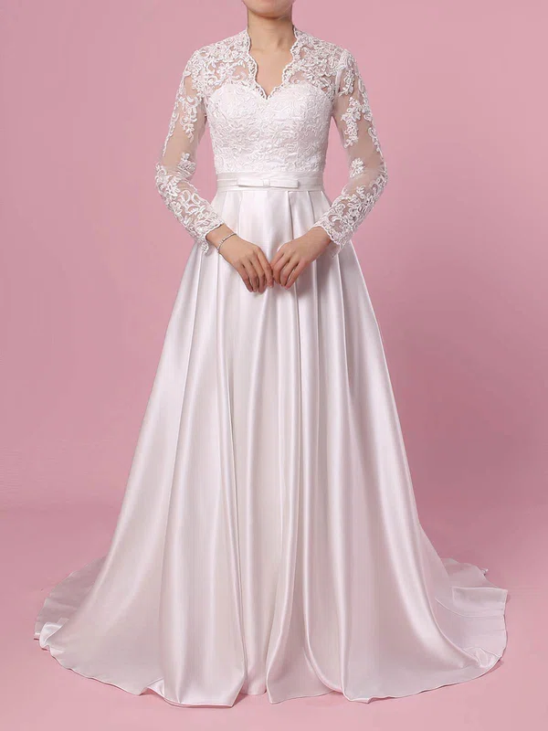 Ball Gown V-neck Satin Sweep Train Wedding Dresses With Appliques Lace #Milly00023383