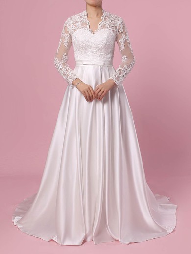 Ball Gown V-neck Satin Tulle Sweep Train Appliques Lace Wedding Dresses #Milly00023383