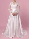 Ball Gown V-neck Satin Sweep Train Wedding Dresses With Appliques Lace #Milly00023383