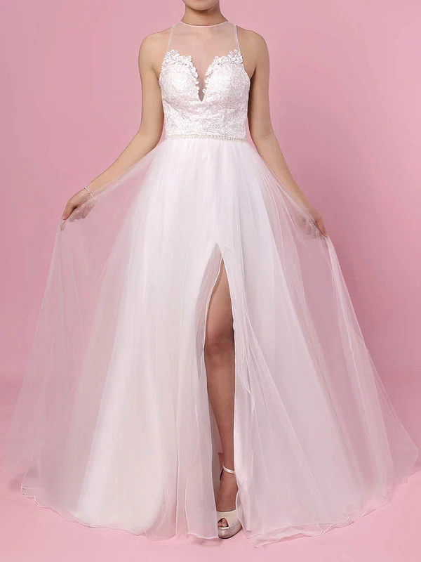 Ball Gown Illusion Tulle Sweep Train Wedding Dresses With Split Front #Milly00023384