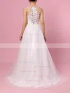 A-line Scoop Neck Tulle Sweep Train Beading Wedding Dresses #Milly00023384