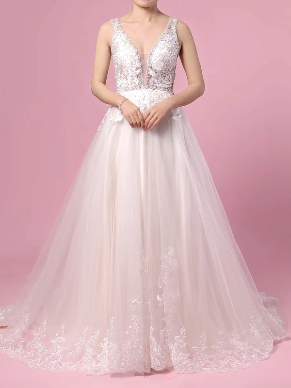 Ball Gown V-neck Tulle Sweep Train Wedding Dresses With Beading #Milly00023386