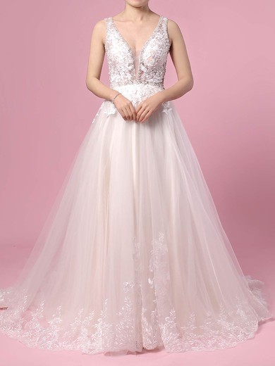 Princess V-neck Tulle Sweep Train Beading Wedding Dresses #Milly00023386