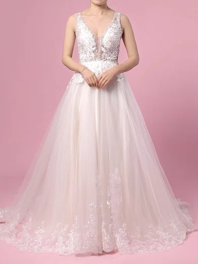 Ball Gown/Princess V-neck Tulle Sweep Train Wedding Dresses With Beading #Milly00023386