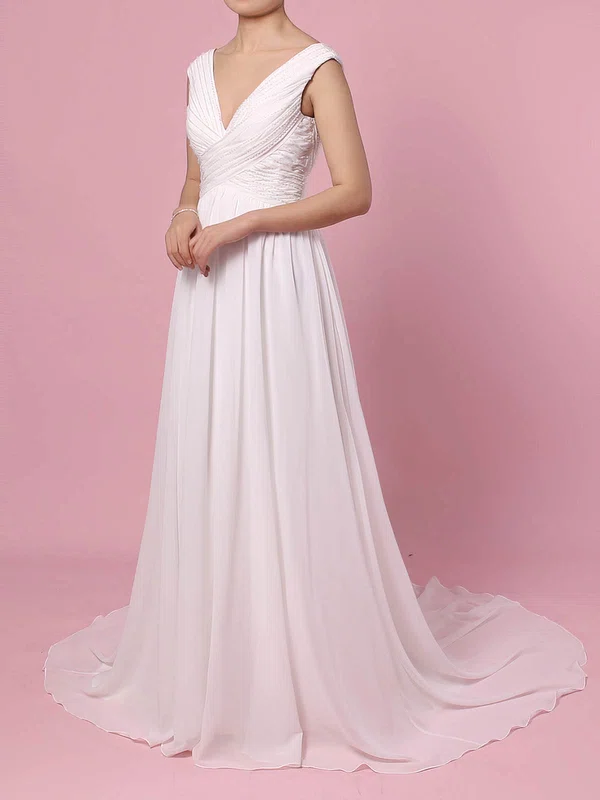 A-line V-neck Chiffon Sweep Train Wedding Dresses With Beading #Milly00023396