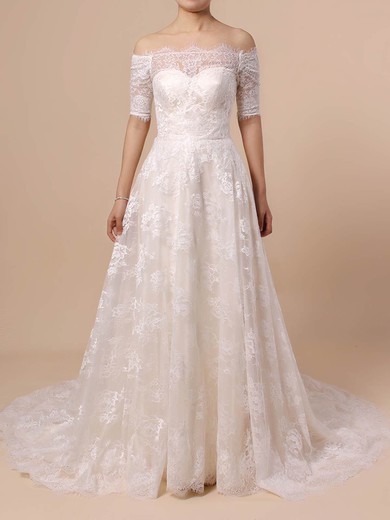 Princess Off-the-shoulder Lace Sweep Train Wedding Dresses #Milly00023397