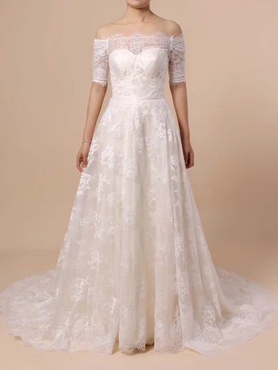 Ball Gown/Princess Off-the-shoulder Lace Sweep Train Wedding Dresses #Milly00023397