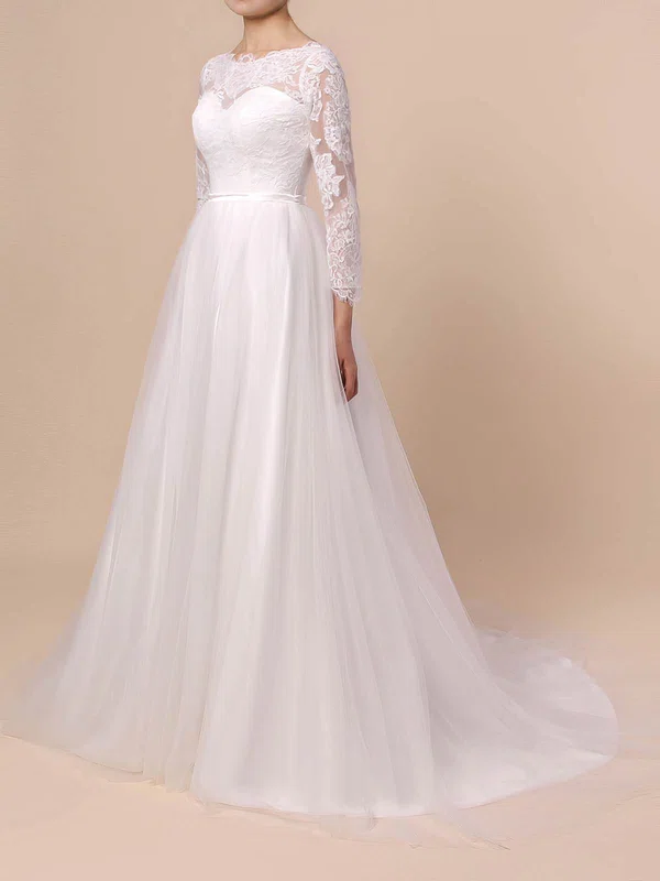 A-line Scoop Neck Lace Tulle Sweep Train Appliques Lace Wedding Dresses #Milly00023402