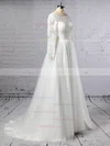 A-line Scoop Neck Lace Tulle Sweep Train Appliques Lace Wedding Dresses #Milly00023402