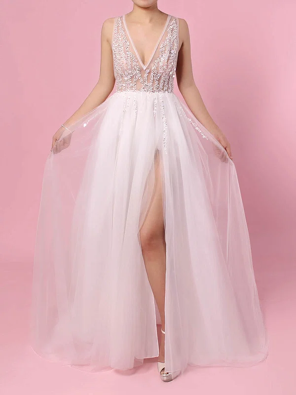 Ball Gown V-neck Tulle Sweep Train Wedding Dresses With Split Front #Milly00023406