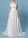Ball Gown Illusion Satin Sweep Train Wedding Dresses With Pockets #Milly00023420