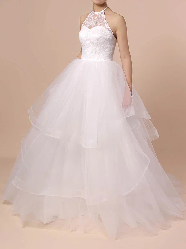 Ball Gown Halter Tulle Sweep Train Wedding Dresses With Tiered #Milly00023421