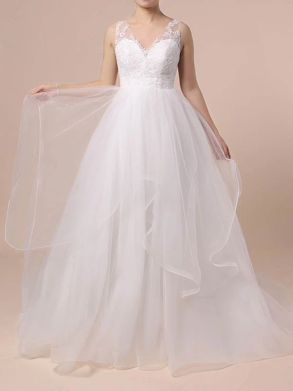 Ball Gown V-neck Tulle Sweep Train Wedding Dresses With Cascading Ruffles #Milly00023422