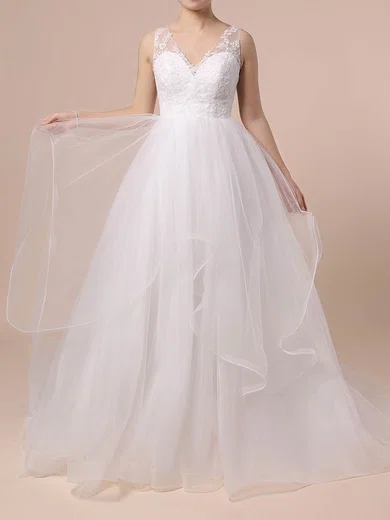 Ball Gown/Princess V-neck Tulle Sweep Train Wedding Dresses With Cascading Ruffles #Milly00023422