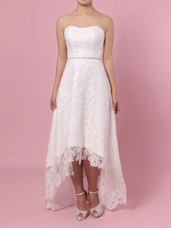 A-line Straight Lace Asymmetrical Wedding Dresses With Sashes / Ribbons #Milly00023425