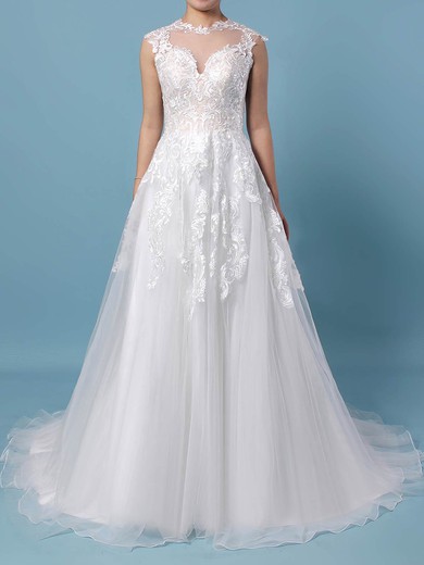 A-line Scoop Neck Tulle Sweep Train Appliques Lace Wedding Dresses #Milly00023431