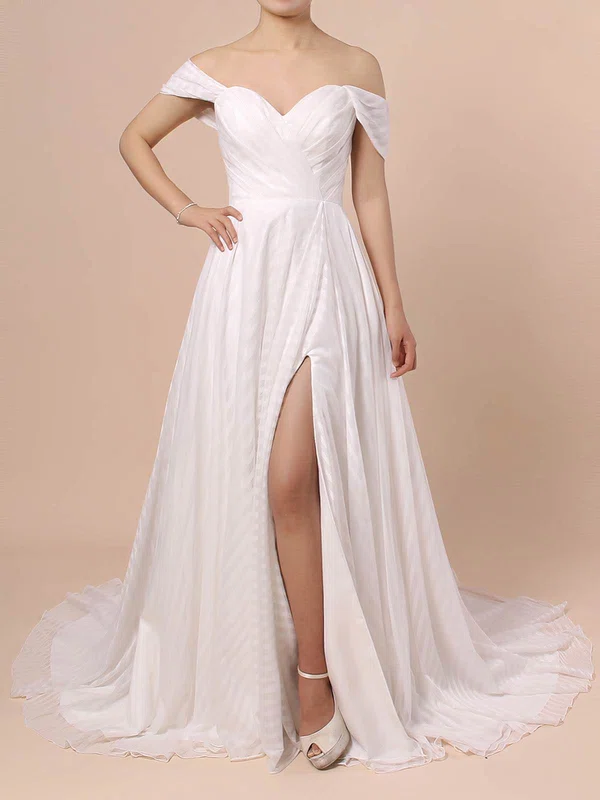 A-line Off-the-shoulder Chiffon Sweep Train Wedding Dresses With Split Front #Milly00023433