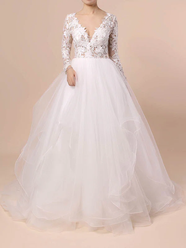 Ball Gown V-neck Organza Sweep Train Wedding Dresses With Cascading Ruffles #Milly00023436