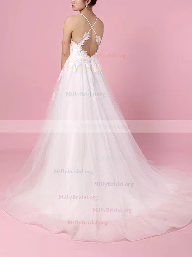 Backless Appliques Pink V Neck Tulle Sweep Train Wedding Dress Backless Appliques Pink V Neck Tulle Sweep Train Wedding Dress