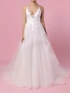 Ball Gown V-neck Tulle Sweep Train Wedding Dresses With Appliques Lace #Milly00023438