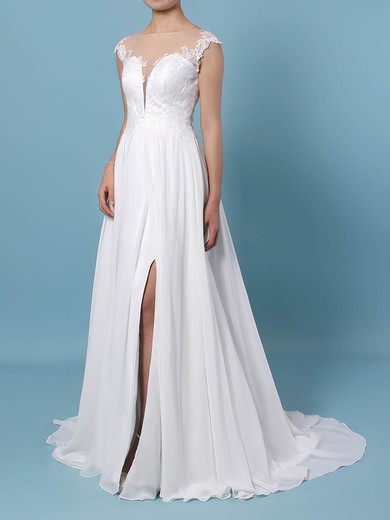 A-line Scoop Neck Chiffon Tulle Sweep Train Lace Wedding Dresses #Milly00023440