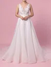 Ball Gown V-neck Organza Sweep Train Wedding Dresses With Appliques Lace #Milly00023442