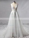 A-line V-neck Organza Tulle Sweep Train Appliques Lace Wedding Dresses #Milly00023442
