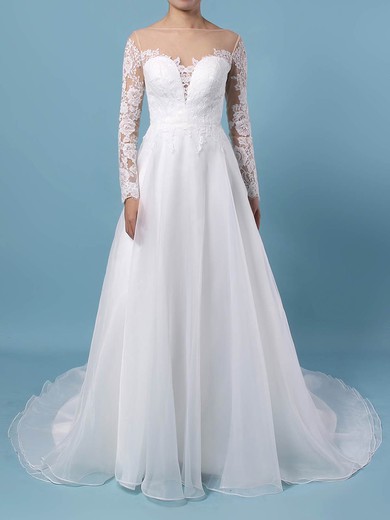 A-line Scoop Neck Organza Tulle Sweep Train Appliques Lace Wedding Dresses #Milly00023444