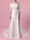 Sheath/Column Off-the-shoulder Lace Satin Sweep Train Wedding Dresses With Appliques Lace #Milly00023445