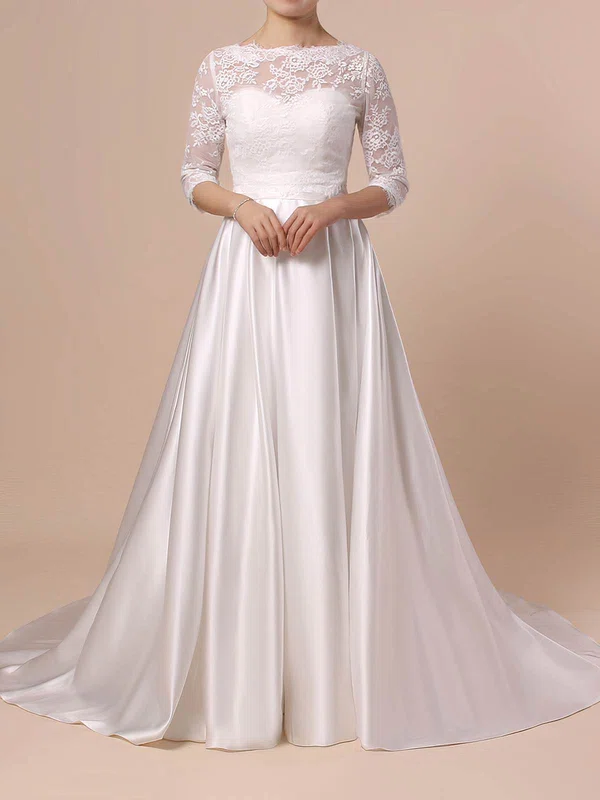 Ball Gown Illusion Lace Satin Sweep Train Wedding Dresses With Pockets #Milly00023446