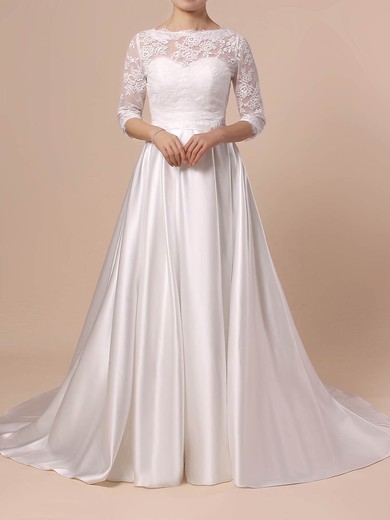 Ball Gown Scalloped Neck Lace Satin Sweep Train Sashes / Ribbons Wedding Dresses #Milly00023446