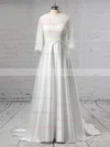 Ball Gown Scalloped Neck Lace Satin Sweep Train Sashes / Ribbons Wedding Dresses #Milly00023446