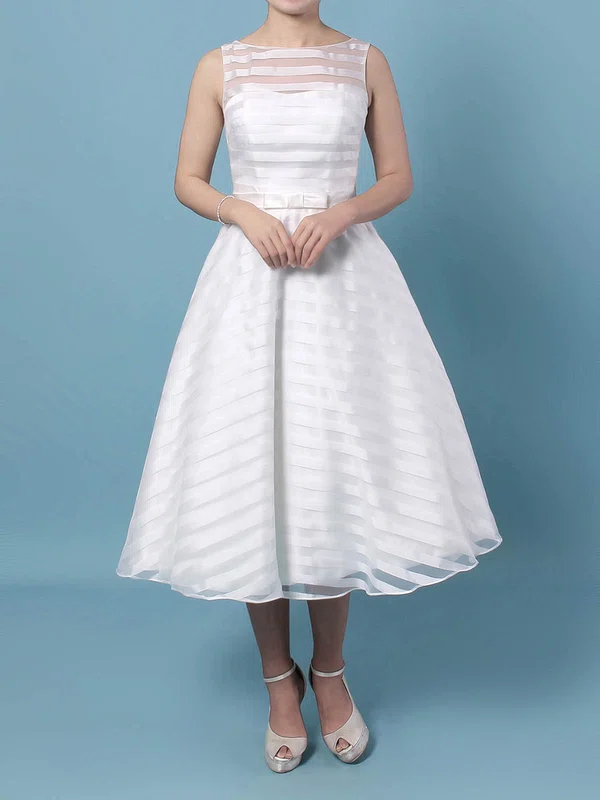 Ball Gown Scoop Neck Organza Tea-length Wedding Dresses With Sashes / Ribbons #Milly00023449