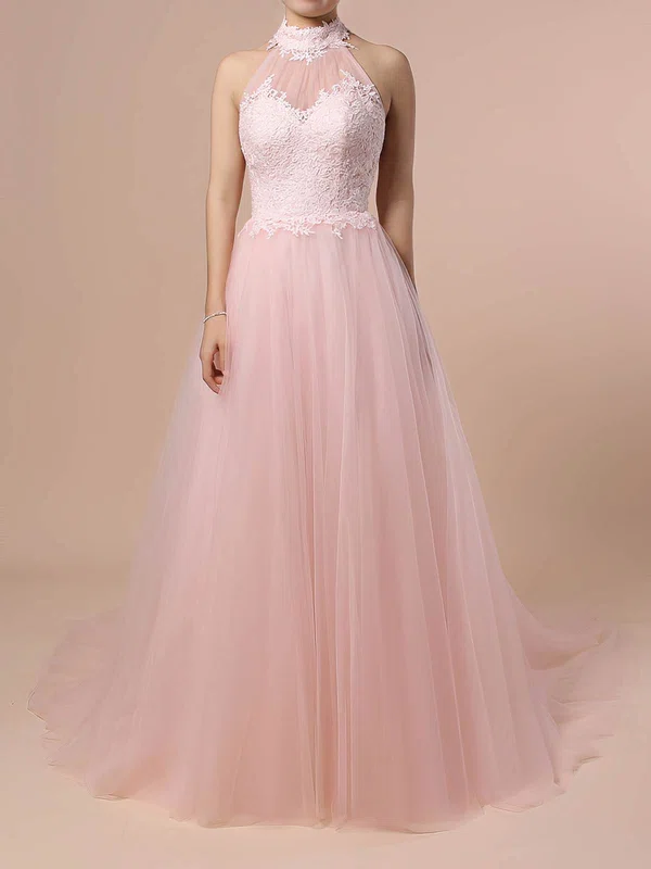 A-line Halter Tulle Sweep Train Appliques Lace Wedding Dresses #Milly00023452