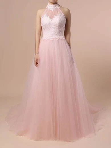 Ball Gown/Princess Halter Tulle Sweep Train Wedding Dresses With Appliques Lace #Milly00023452