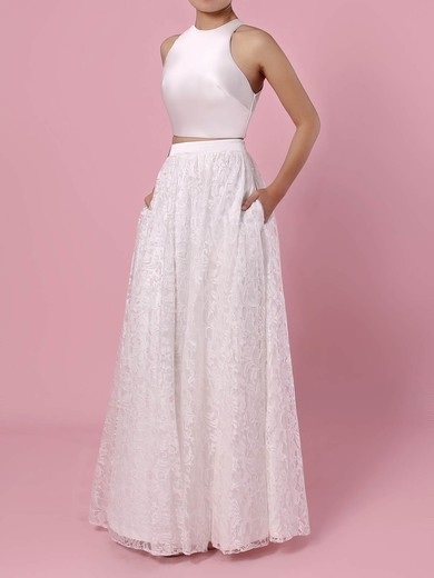 A-line Scoop Neck Lace Floor-length Pockets Wedding Dresses #Milly00023456