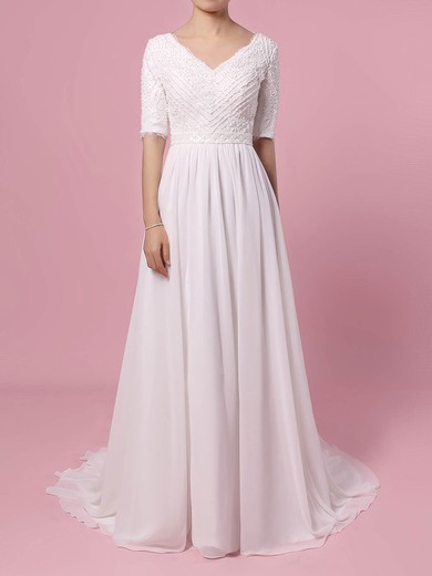 A-line V-neck Lace Chiffon Sweep Train Beading Wedding Dresses #Milly00023463