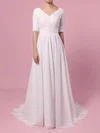 A-line V-neck Lace Chiffon Sweep Train Wedding Dresses With Beading #Milly00023463