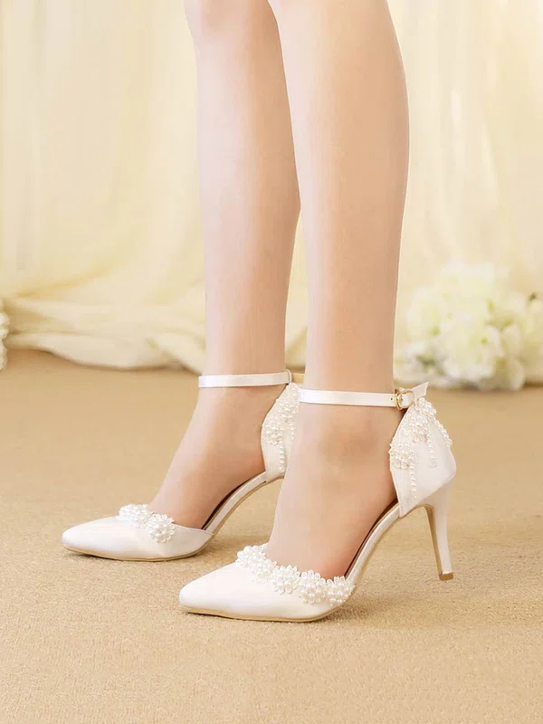 Women's Pumps Stiletto Heel White Satin Wedding Shoes #Milly03030921