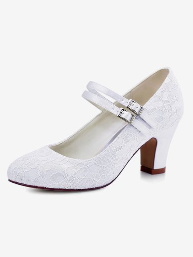 Women's Pumps Chunky Heel White Satin Wedding Shoes #Milly03030875